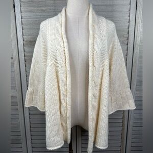 CEJON Ivory Open Front Cable Knit Pleated 3/4 Sleeve Cardigan Flared Sleeve-M/L